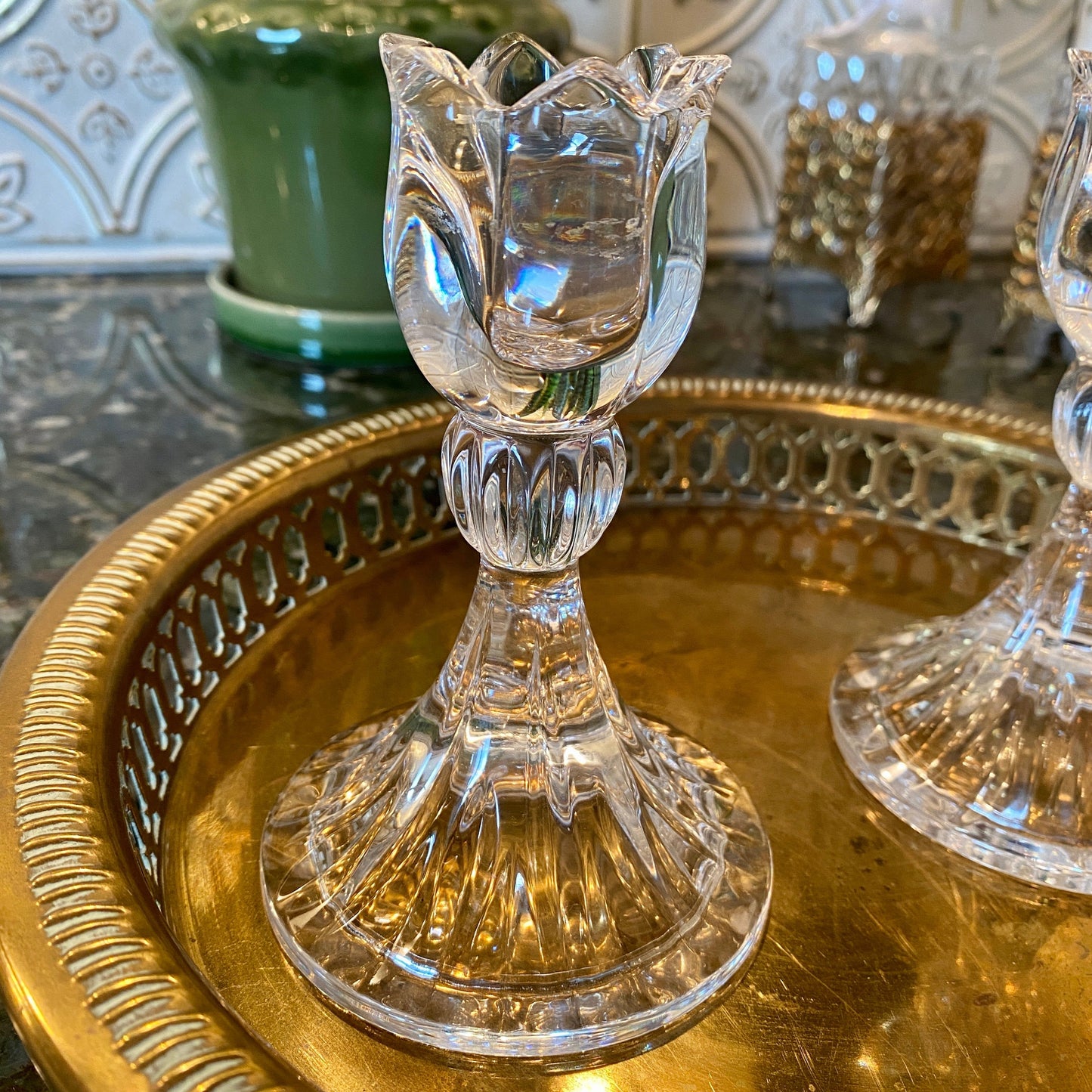 Pair of Crystal Tulip Candle Stick Holders