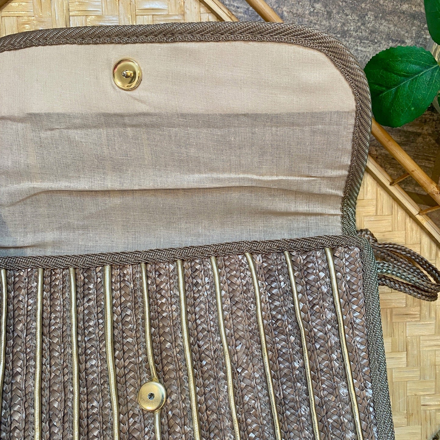 Rattan and Gold Leather Striped Clutch