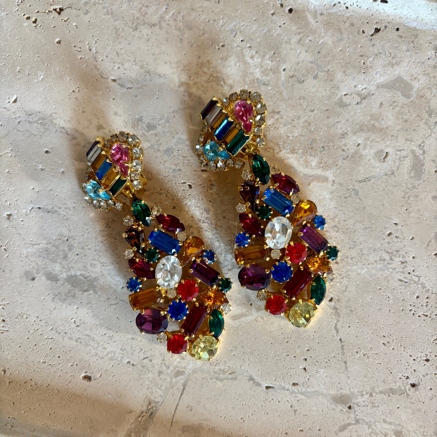 Vintage 1980s Multi-Colored Crystal Drop Earrings, Clips