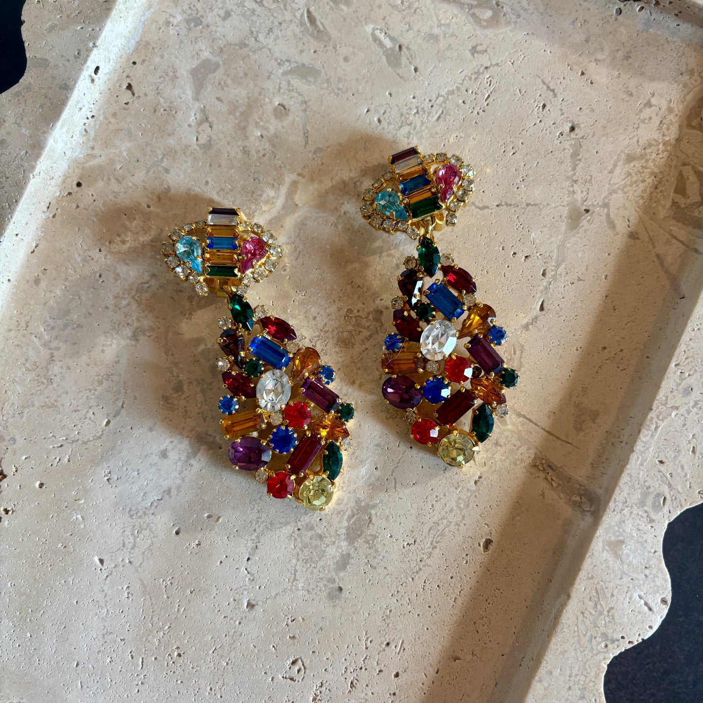 Vintage 1980s Multi-Colored Crystal Drop Earrings, Clips