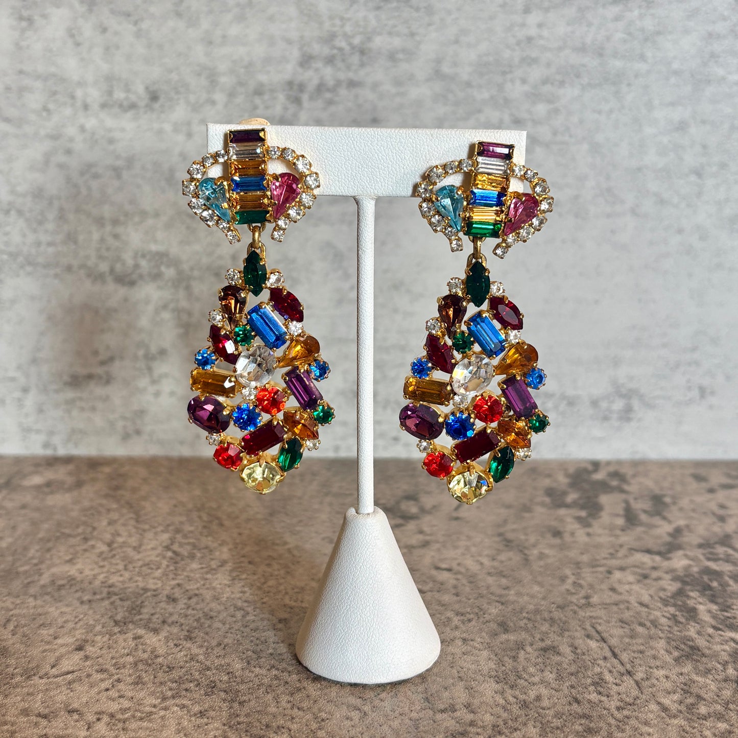 Vintage 1980s Multi-Colored Crystal Drop Earrings, Clips