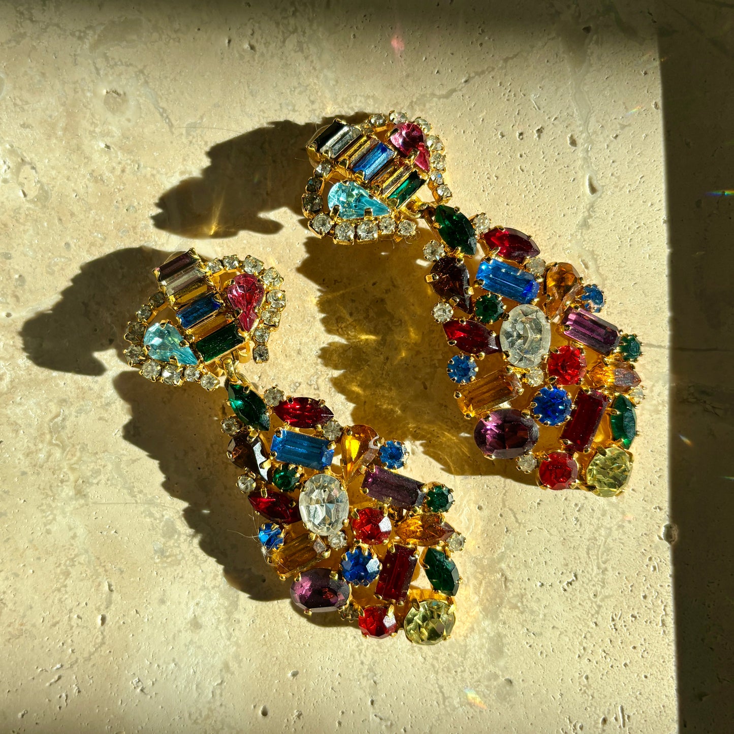Vintage 1980s Multi-Colored Crystal Drop Earrings, Clips