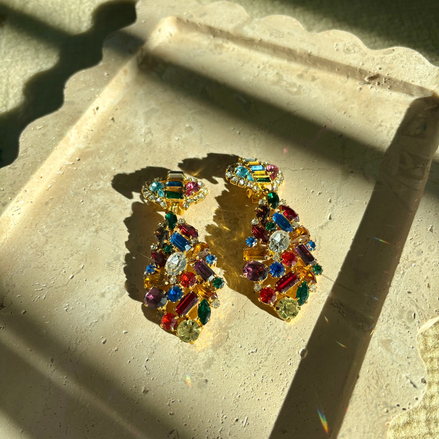 Vintage 1980s Multi-Colored Crystal Drop Earrings, Clips