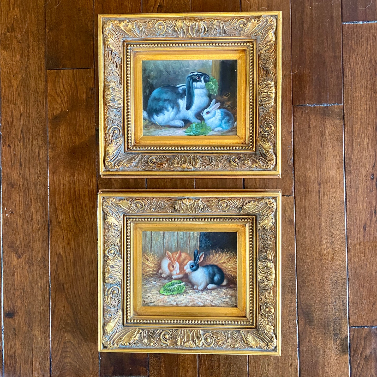 Original Pair of Bunnies Painting with Gold Frame