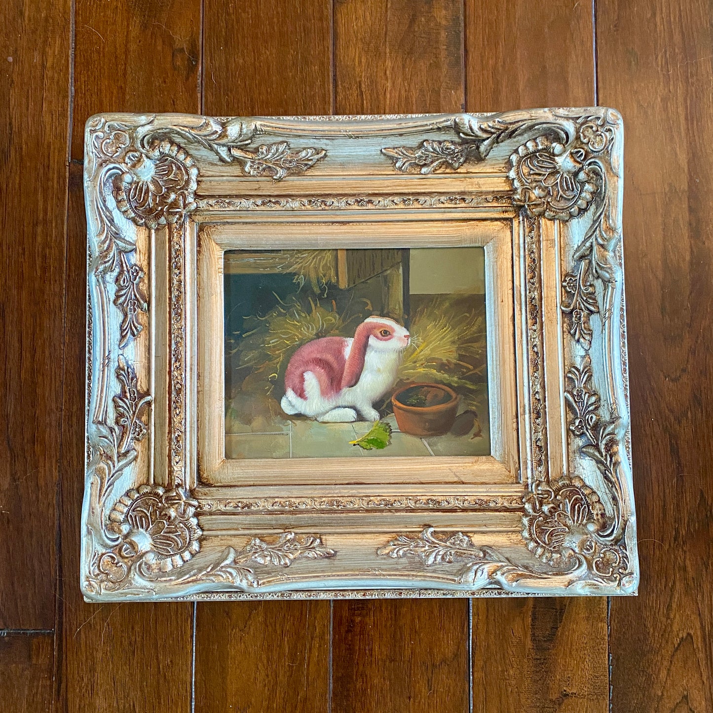 Original Red and White Bunny Painting with Silver Frame