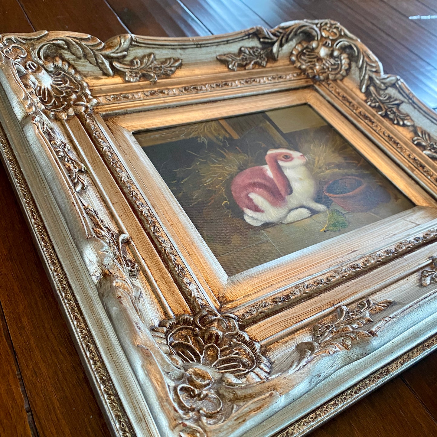 Original Red and White Bunny Painting with Silver Frame