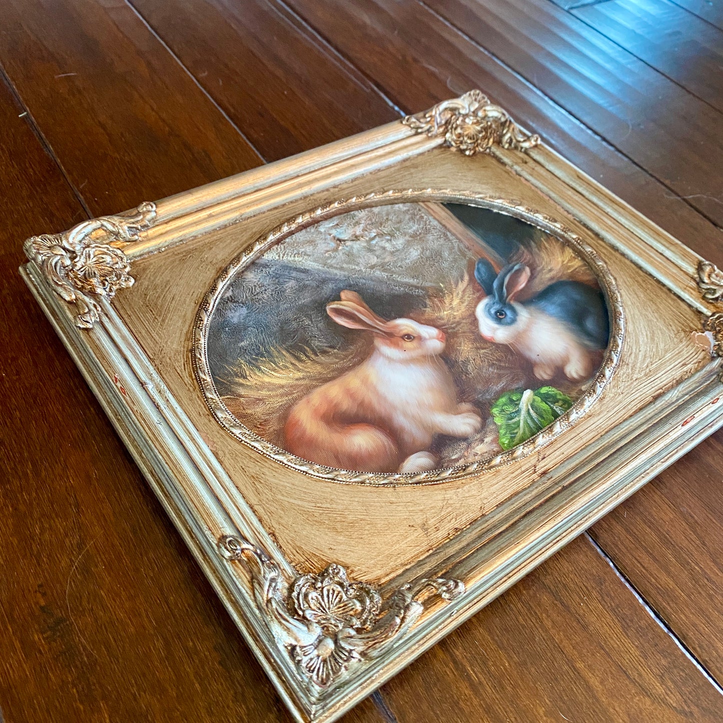 Original Pair of Bunnies Painting with Silver Frame