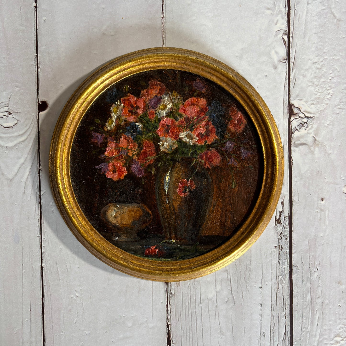 Antique Original Mini Oil on Board in Circular Gold Frame, By Monique Baudaux