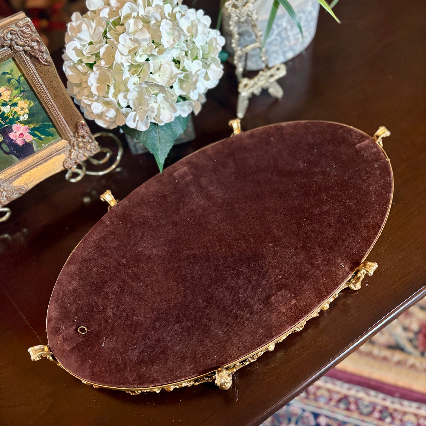 Vintage Globe Gold Guilt Cherub Footed Vanity Tray