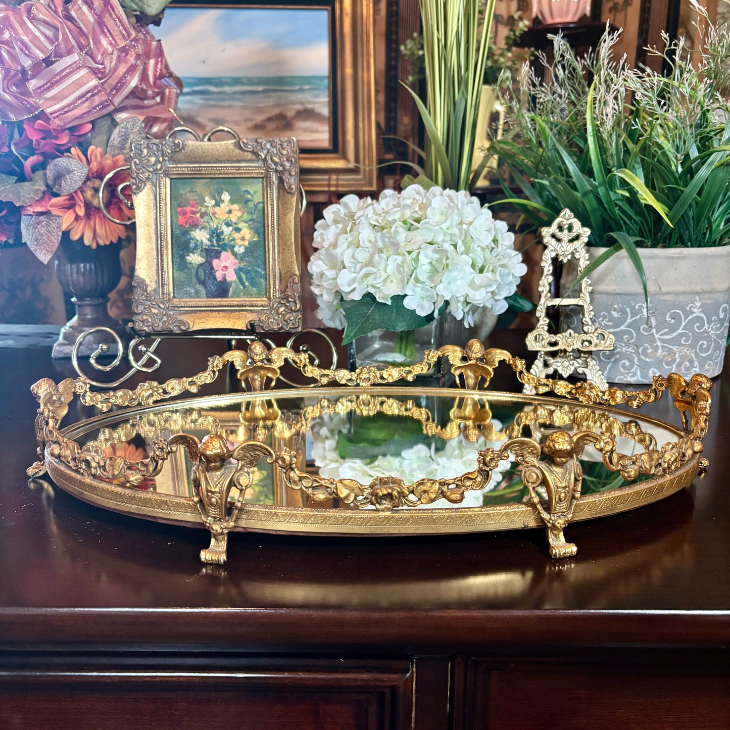 Vintage Globe Gold Guilt Cherub Footed Vanity Tray