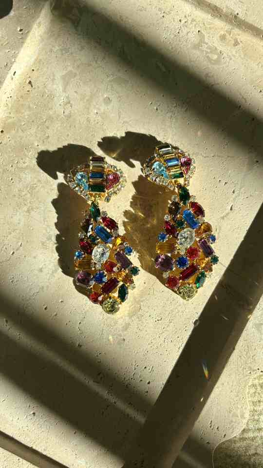 Vintage 1980s Multi-Colored Crystal Drop Earrings, Clips