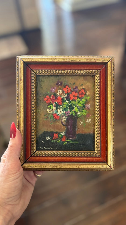 Antique Original Mini Oil of Floral Centerpiece by Monique Baudaux