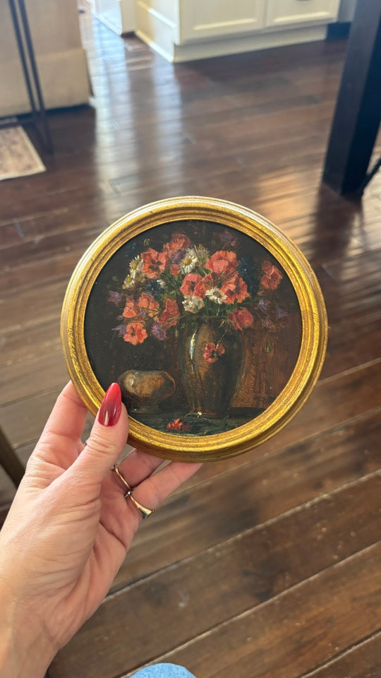 Antique Original Mini Oil on Board in Circular Gold Frame, By Monique Baudaux