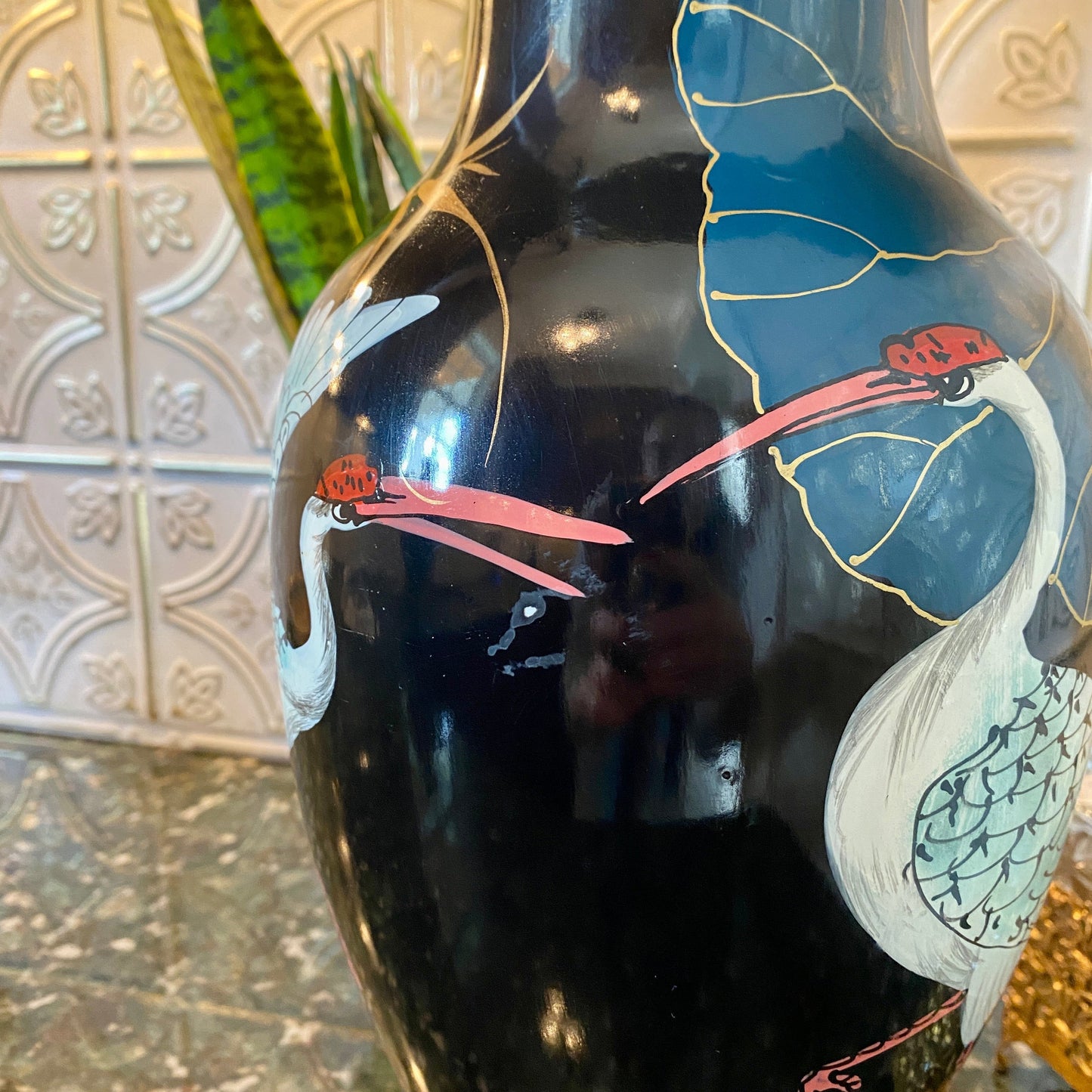 Large Hand Painted Asian Crane Vase