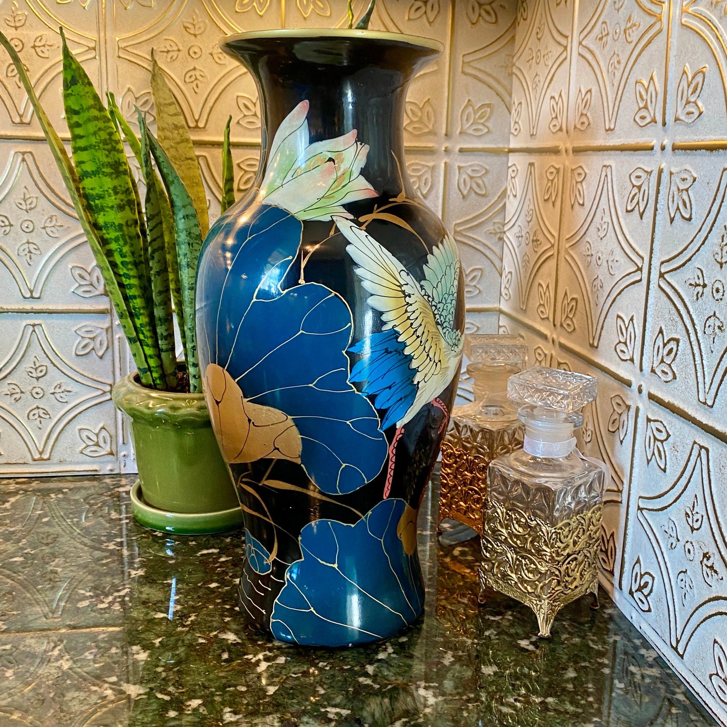 Large Hand Painted Asian Crane Vase