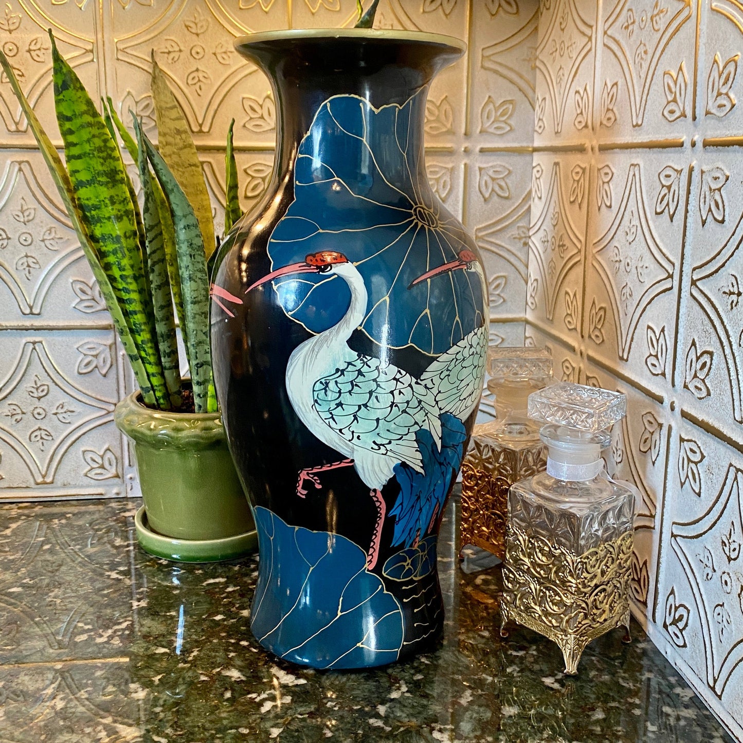 Large Hand Painted Asian Crane Vase