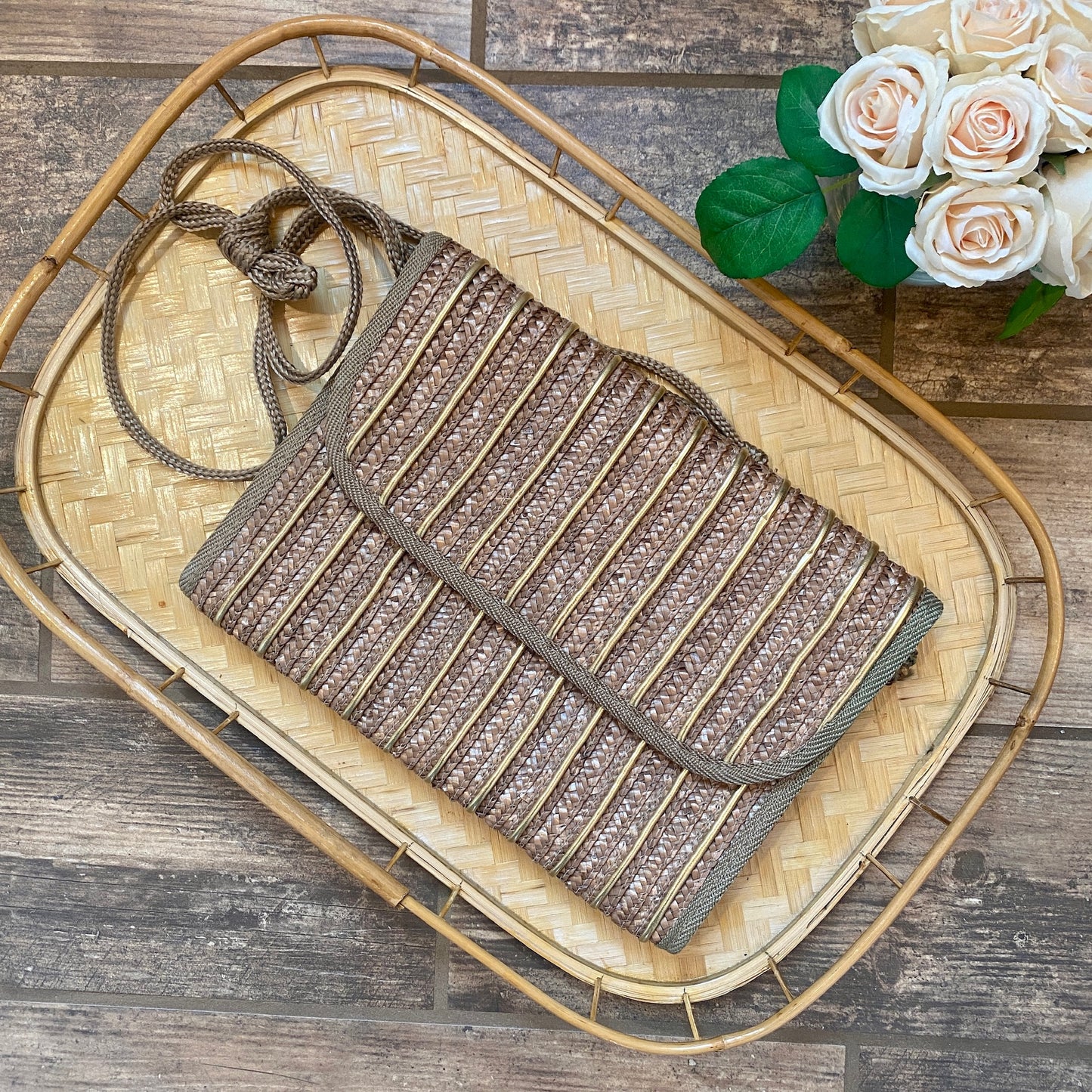 Rattan and Gold Leather Striped Clutch