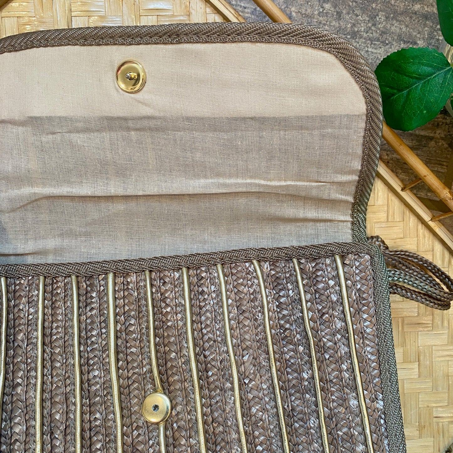 Rattan and Gold Leather Striped Clutch