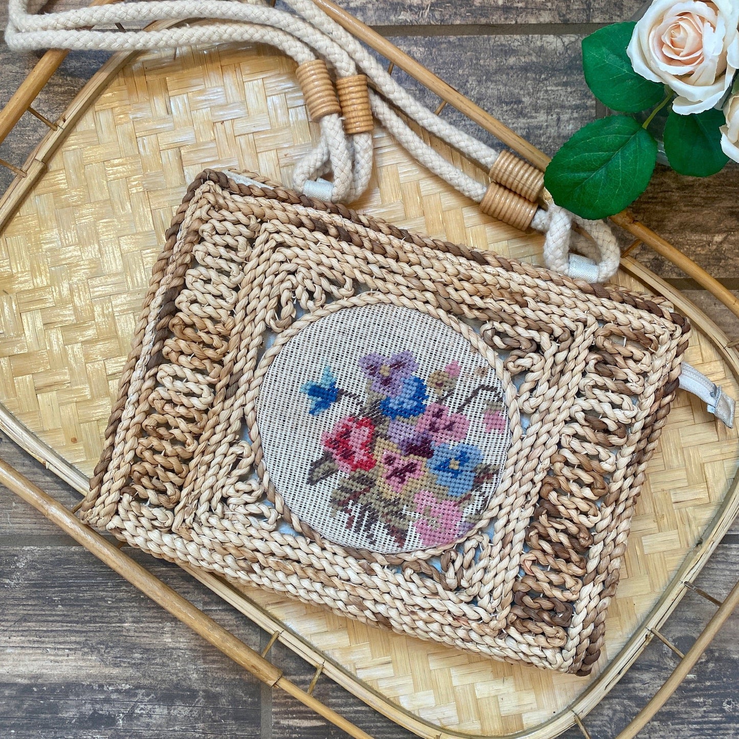 Rattan Woven Bag with Needle Point