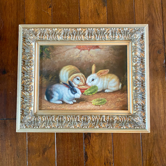 Original Trio of Bunnies Painting with Silver Frame
