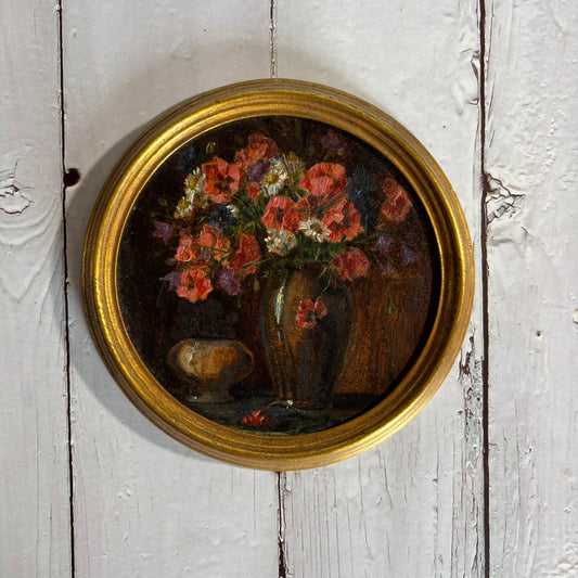 Antique Original Mini Oil on Board in Circular Gold Frame, By Monique Baudaux