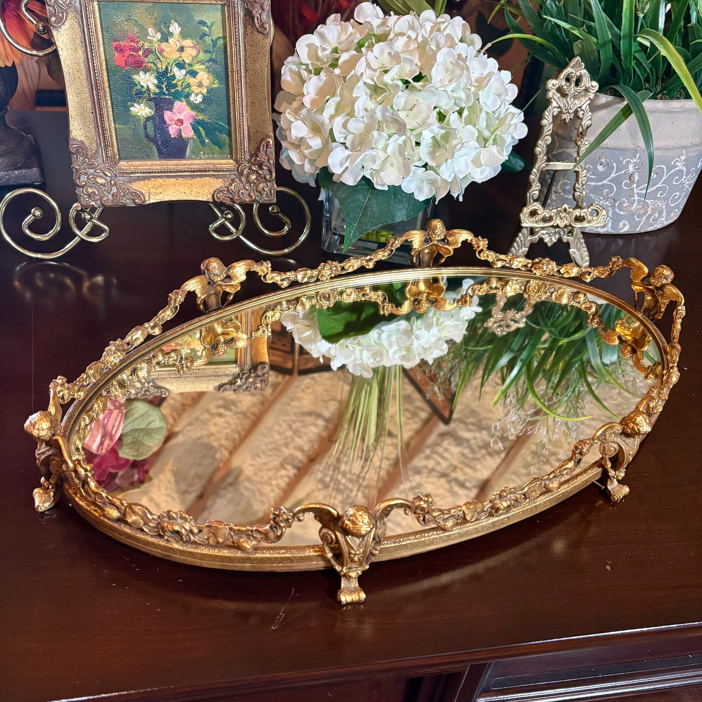 Vintage Globe Gold Guilt Cherub Footed Vanity Tray