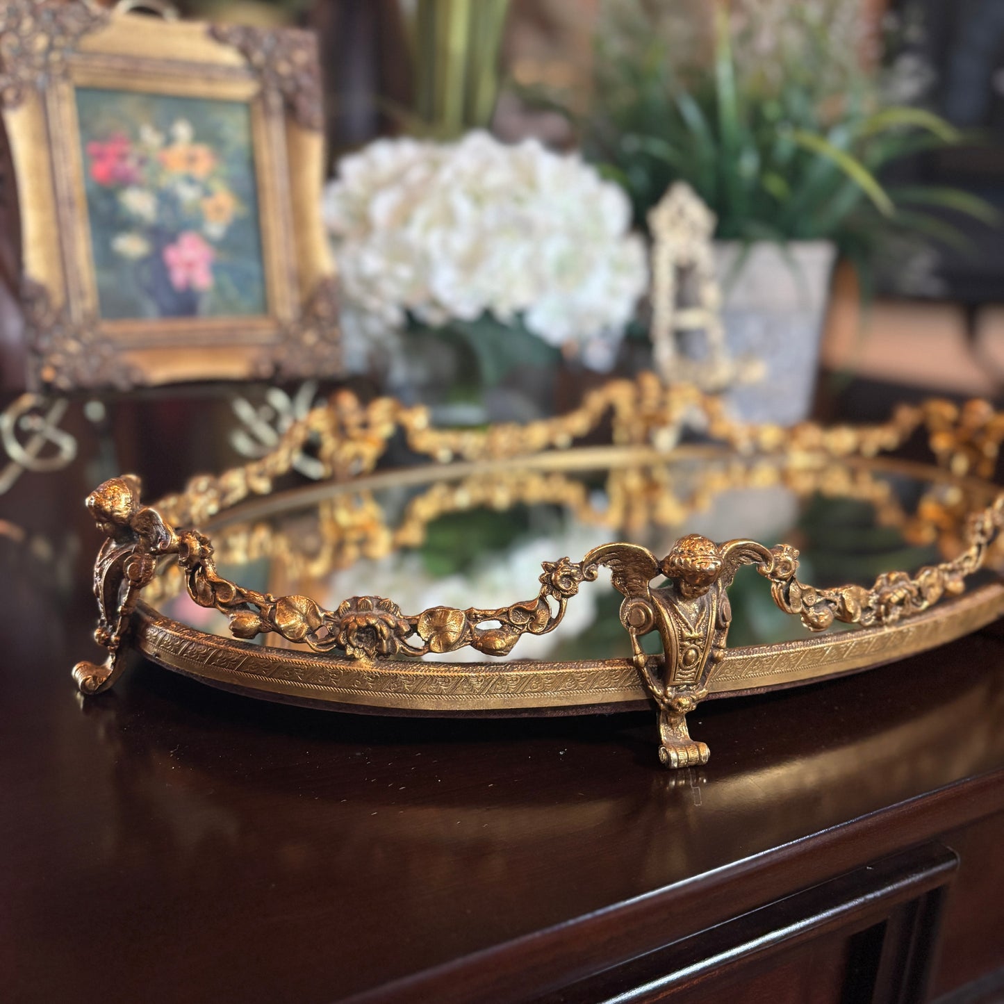 Vintage Globe Gold Guilt Cherub Footed Vanity Tray
