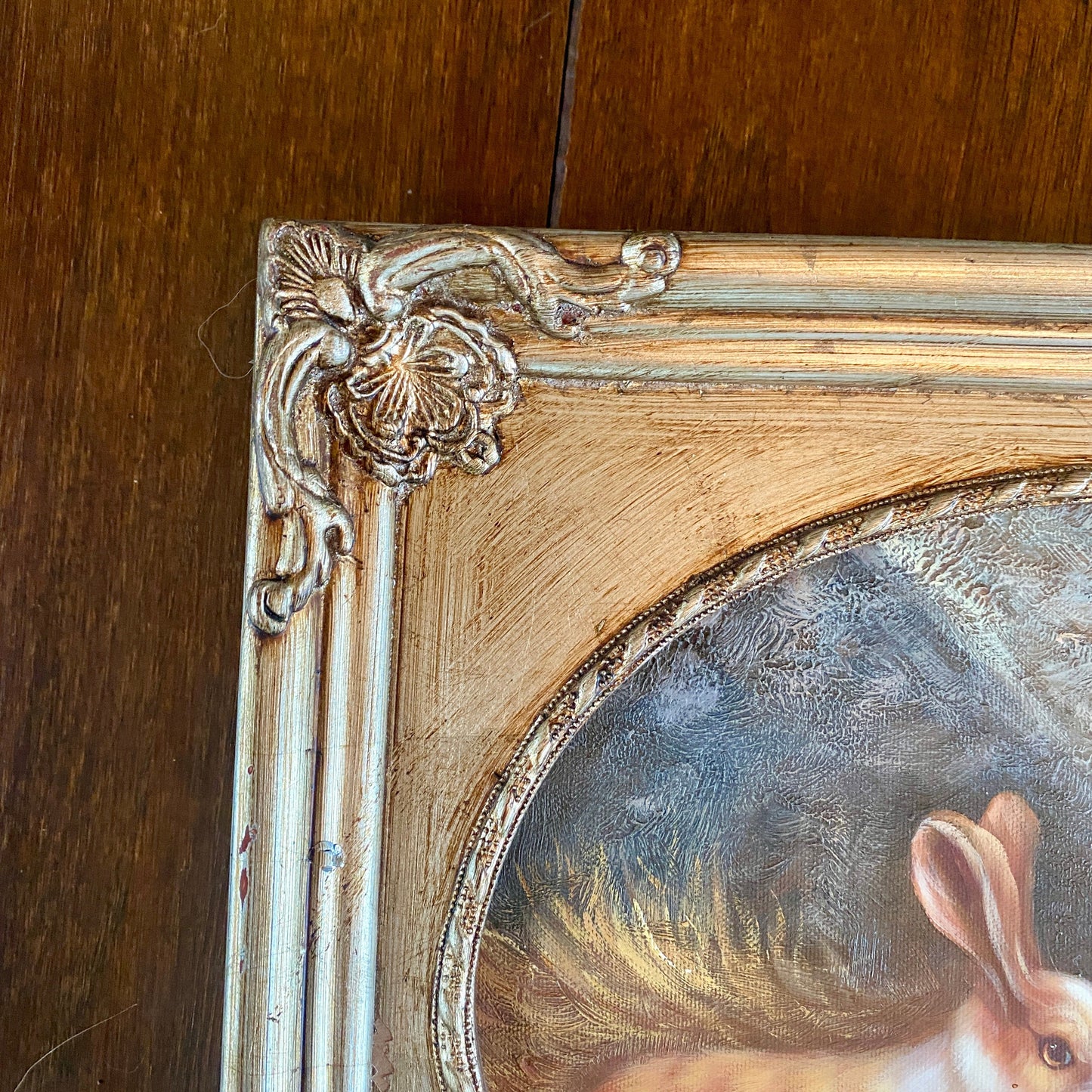 Original Pair of Bunnies Painting with Silver Frame