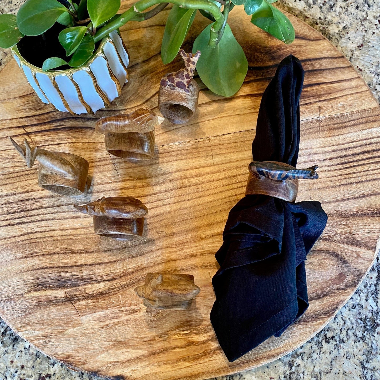 Hand Carved Animal Napkin Rings - Set of 6