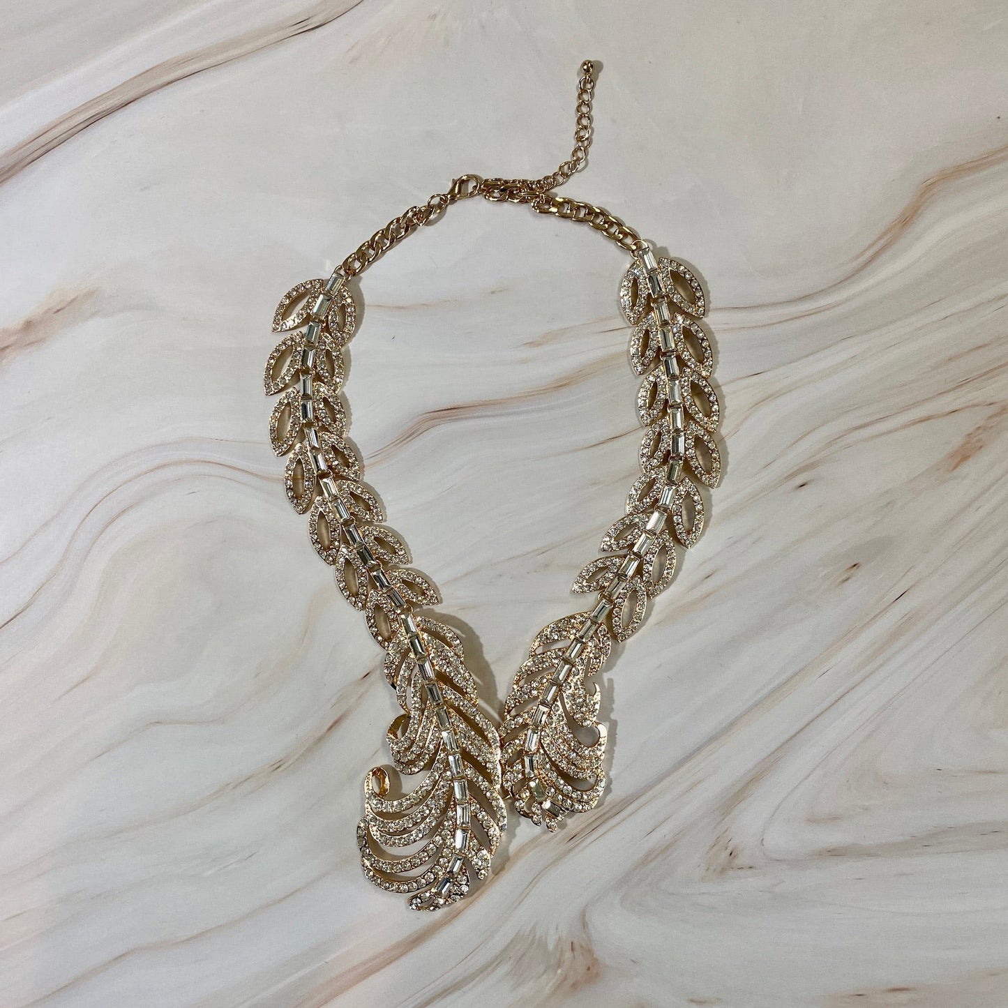 Feather Rhinestone Statement Necklace