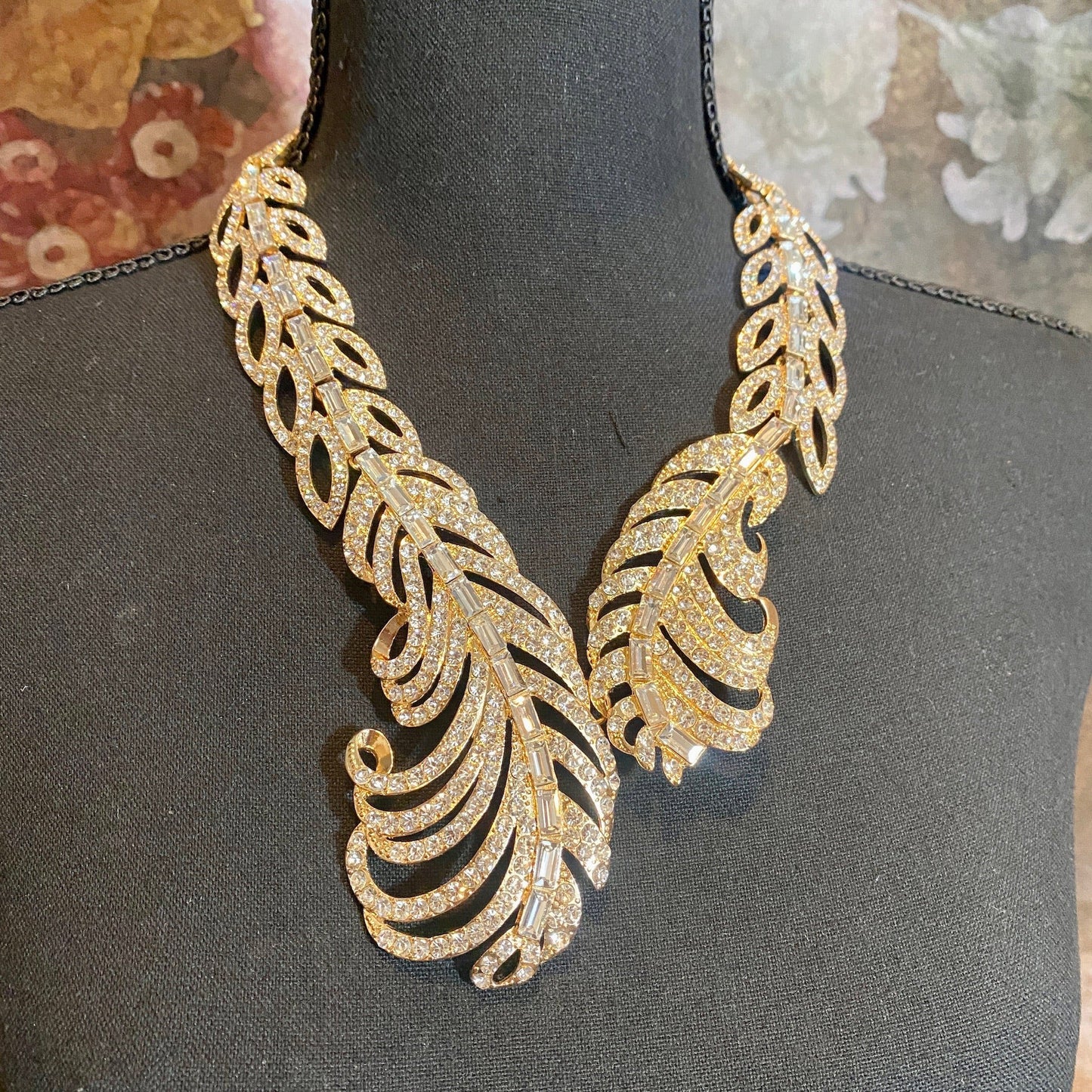 Feather Rhinestone Statement Necklace