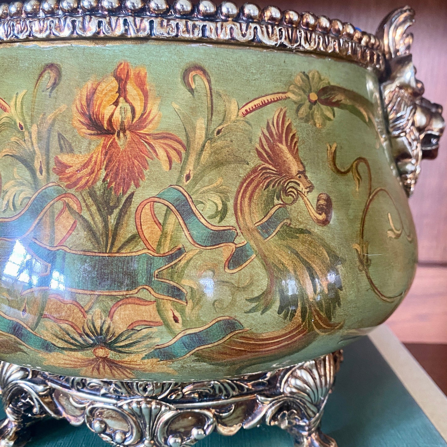 Guilted Footed Pot with Lion Heads