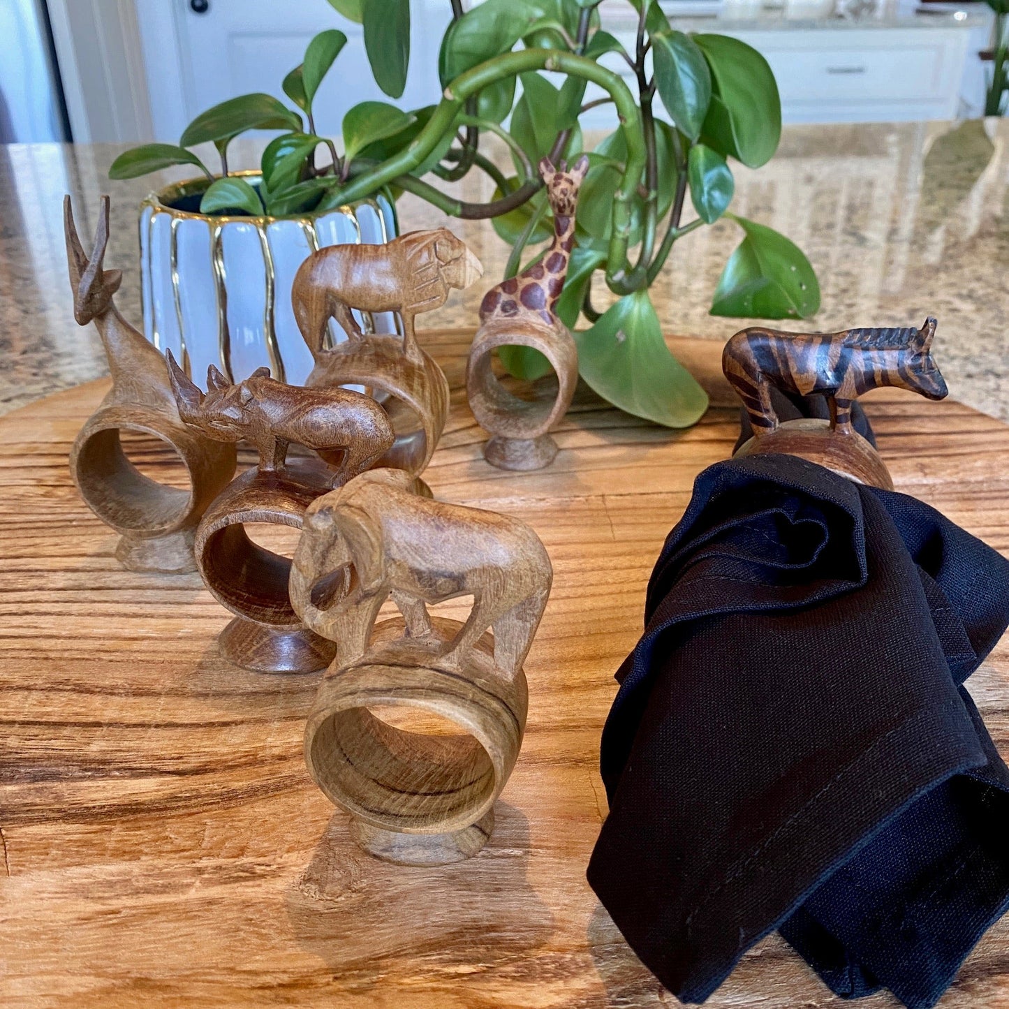 Hand Carved Animal Napkin Rings - Set of 6