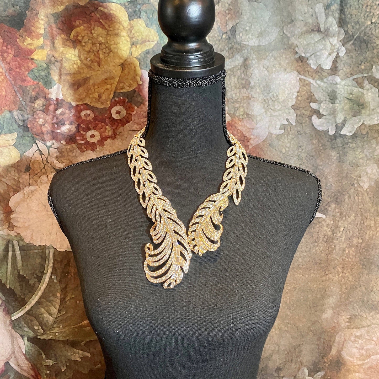 Feather Rhinestone Statement Necklace