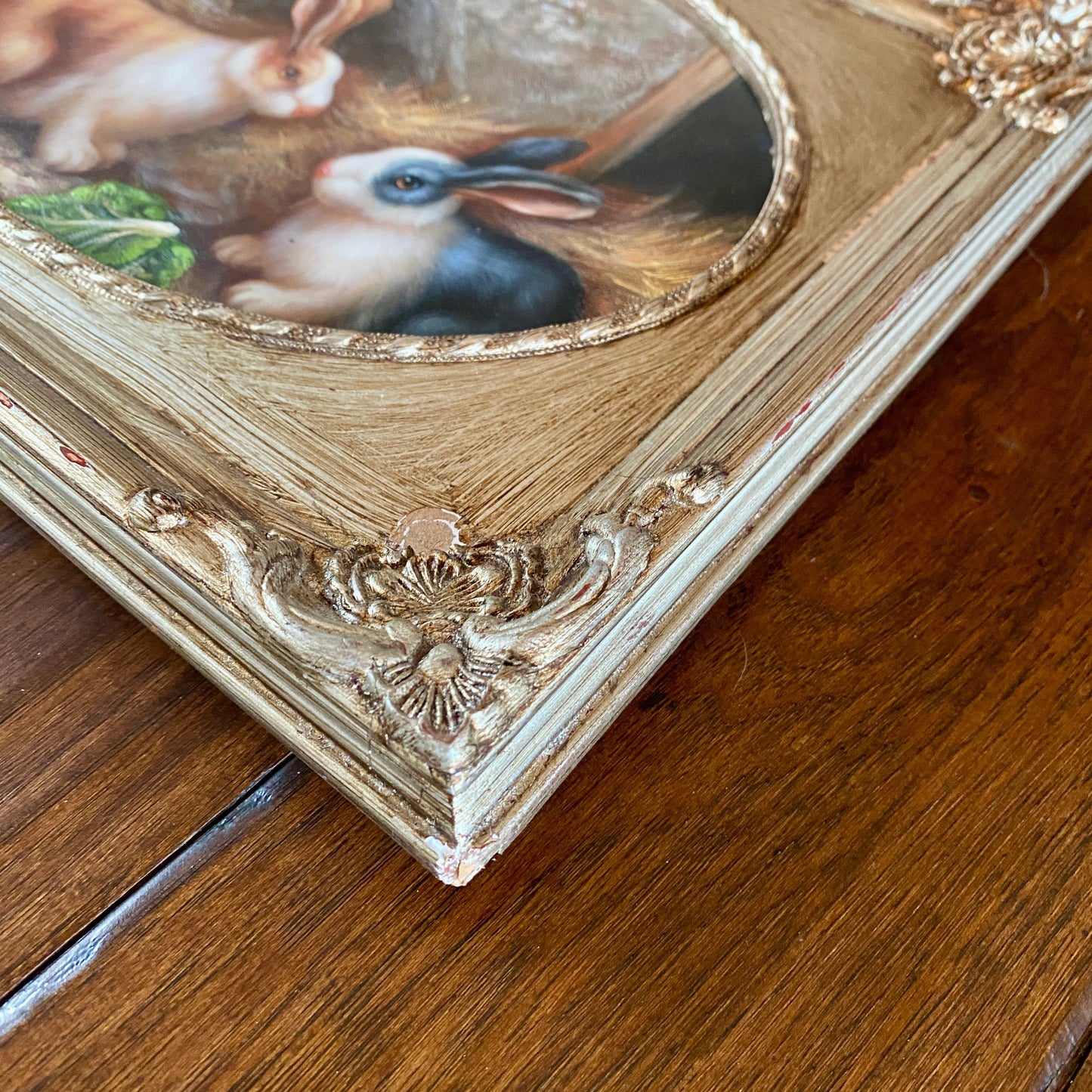 Original Pair of Bunnies Painting with Silver Frame