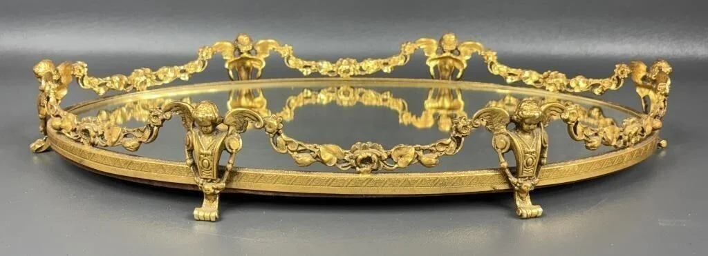 Vintage Globe Gold Guilt Cherub Footed Vanity Tray