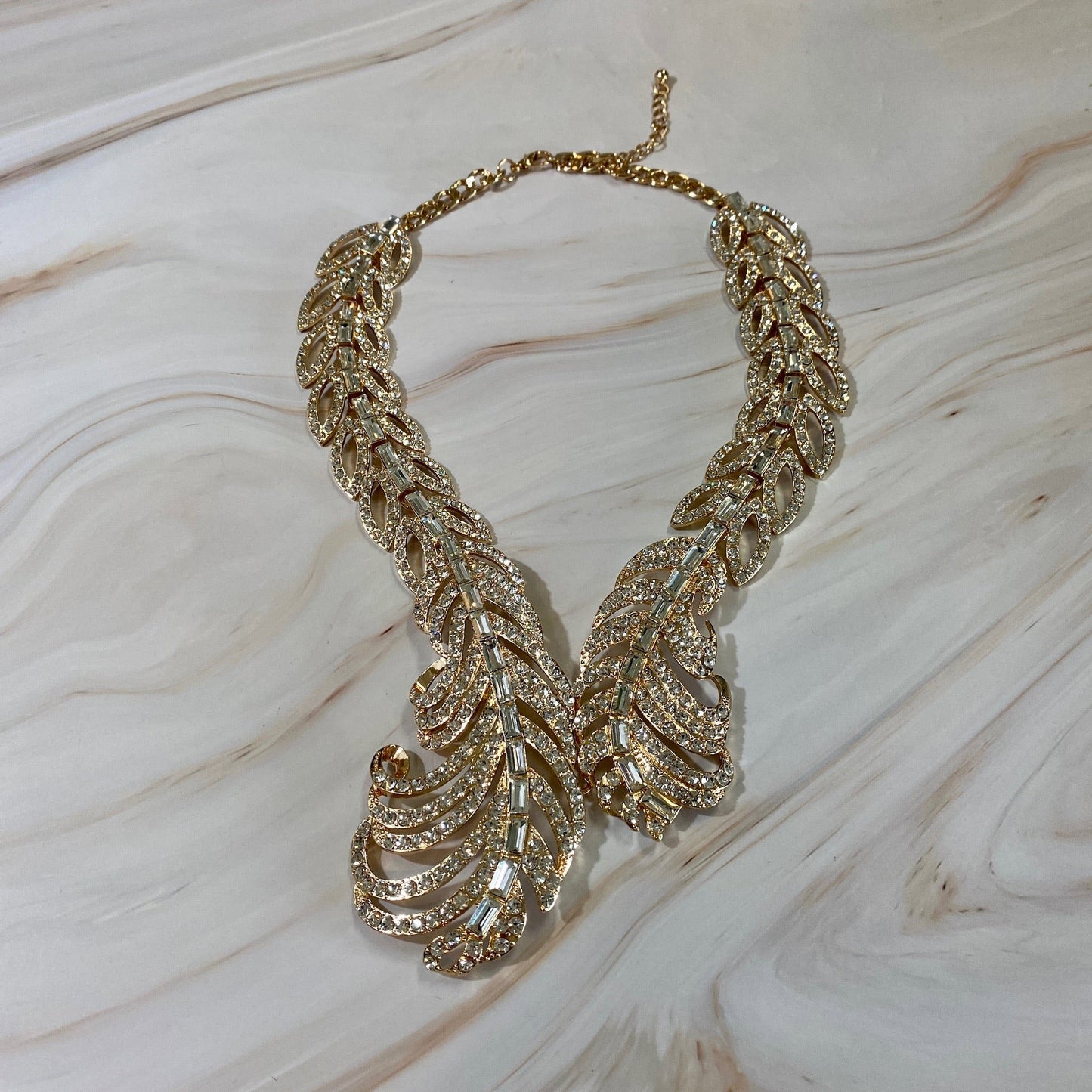 Feather Rhinestone Statement Necklace