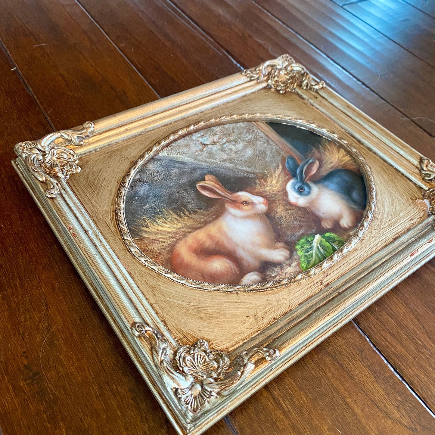 Original Pair of Bunnies Painting with Silver Frame