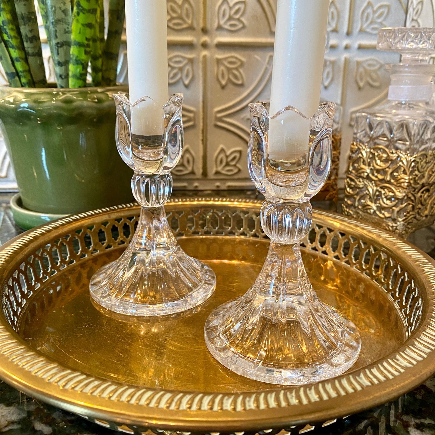 Pair of Crystal Tulip Candle Stick Holders
