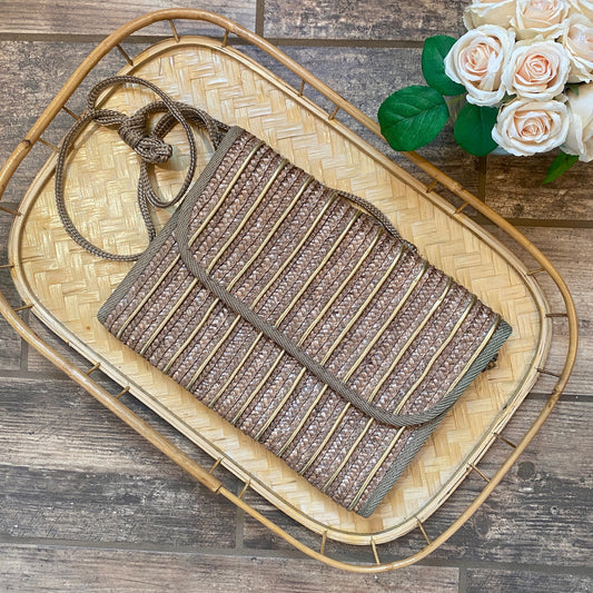 Rattan and Gold Leather Striped Clutch