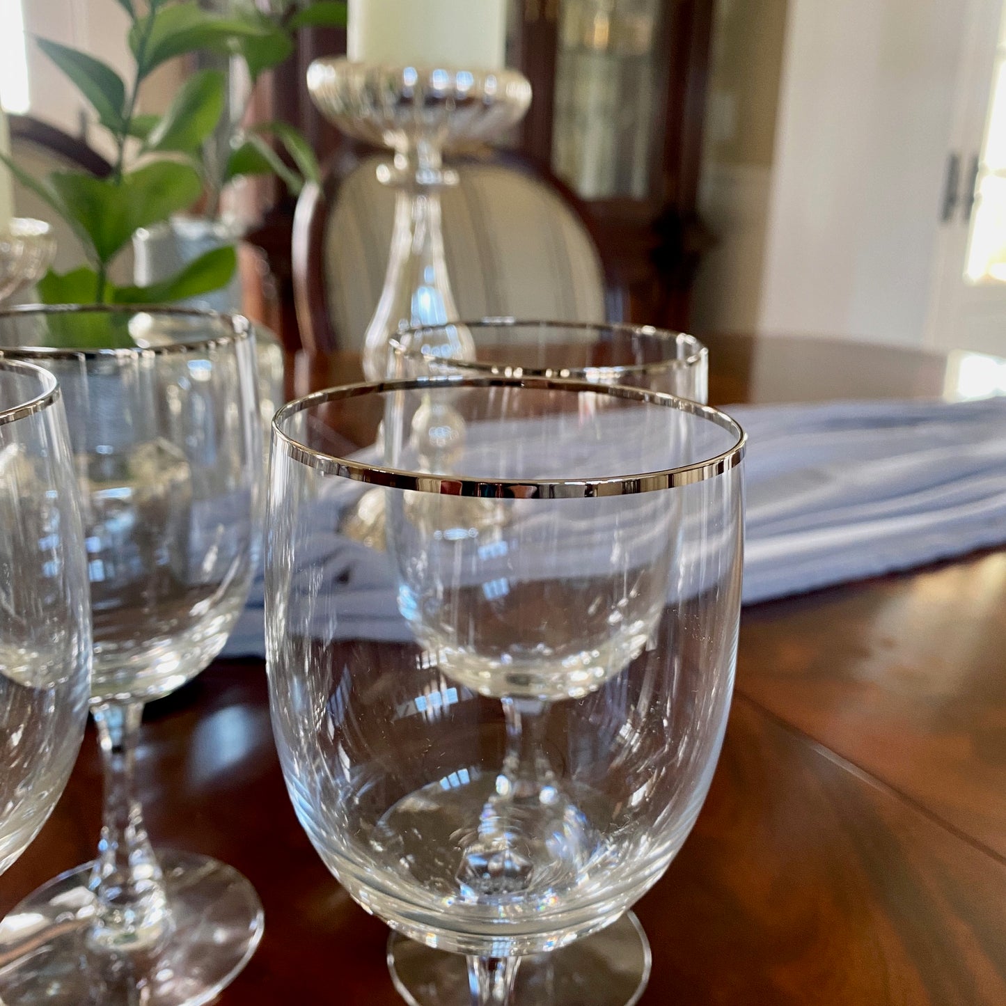 Set of Six Fostoria Crystal Wine Glasses with Silver Rim