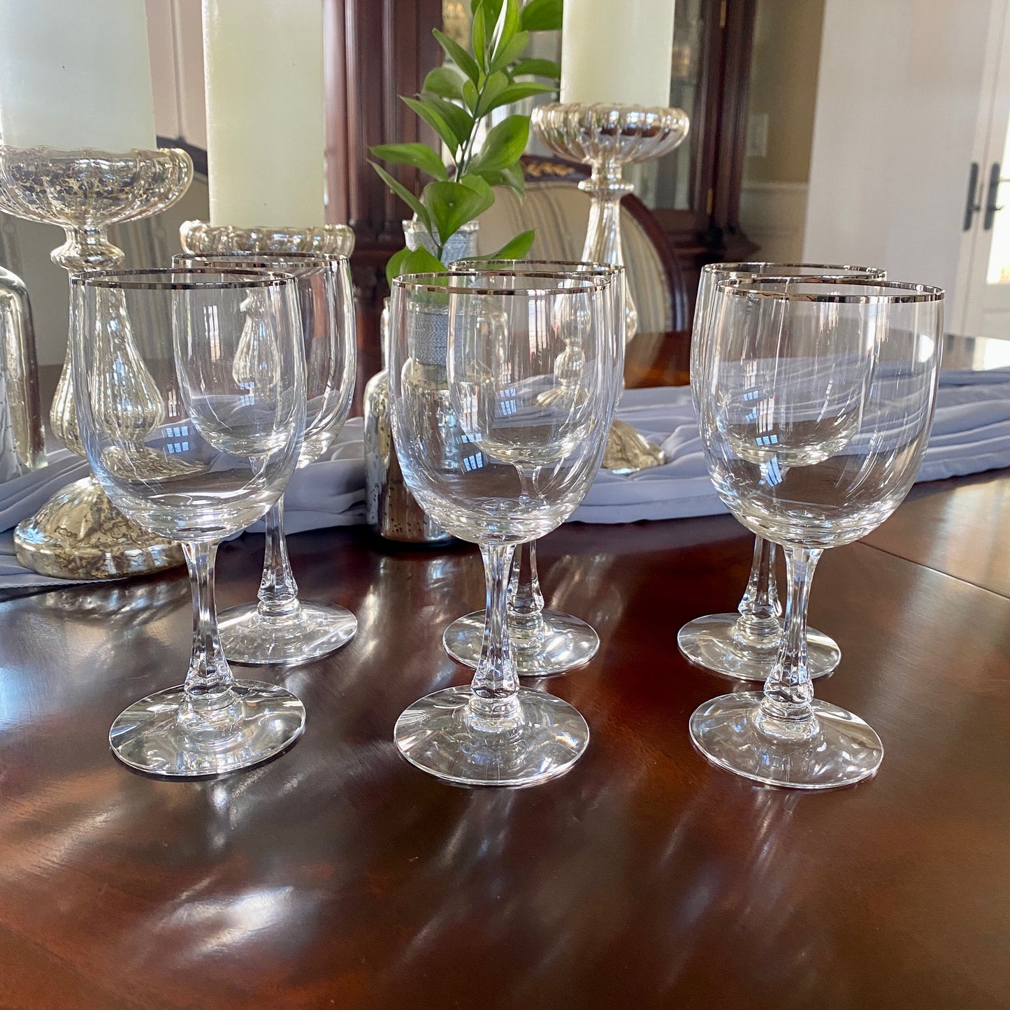 Set of Six Fostoria Crystal Wine Glasses with Silver Rim
