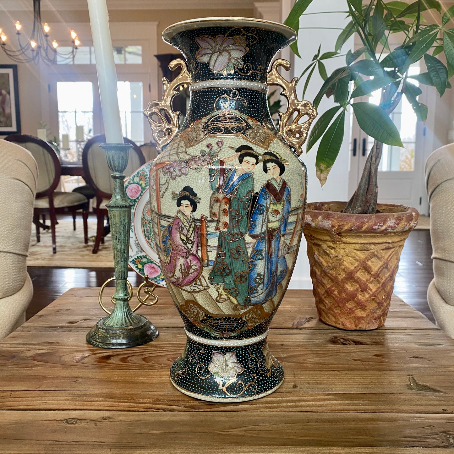 Large Antique Hand Painted Japanese Vase With Handles