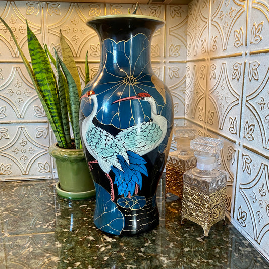Large Hand Painted Asian Crane Vase