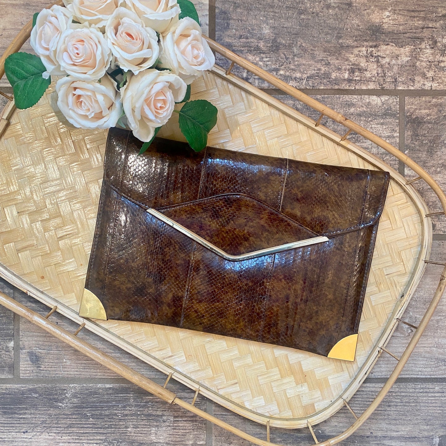 Brown Snake Skin Envelope Clutch
