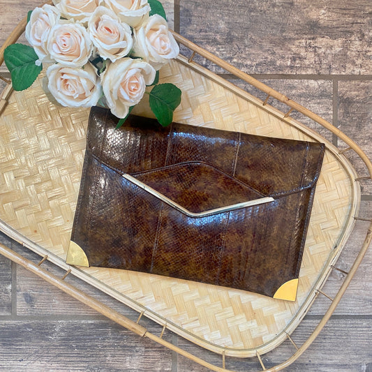 Brown Snake Skin Envelope Clutch